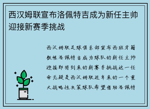 西汉姆联宣布洛佩特吉成为新任主帅迎接新赛季挑战 西汉姆联宣布洛佩特吉成为新任主帅迎接新赛季挑战